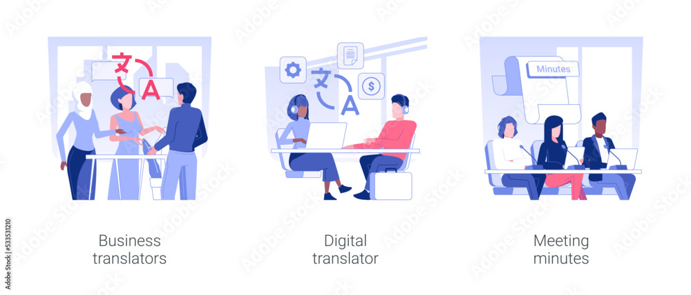 International business meeting isolated concept vector illustration set. Business people talking to translators, international negotiation, digital translator, meeting minutes vector cartoon.