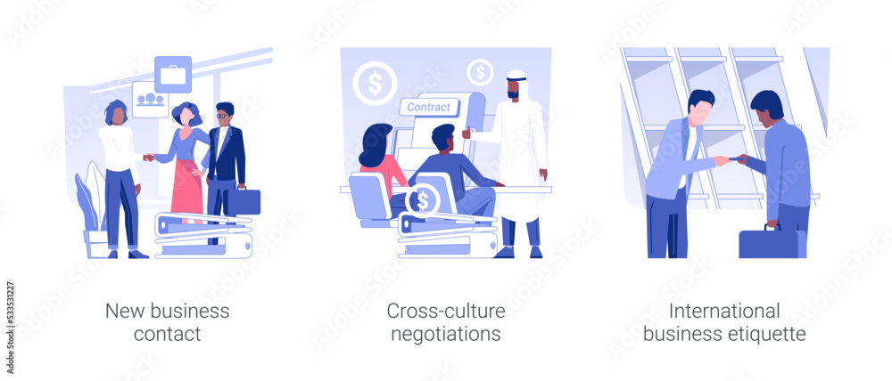 Business meeting at conference isolated concept vector illustration set. New business contact, cross-culture negotiations, international business etiquette, partnership idea vector cartoon.