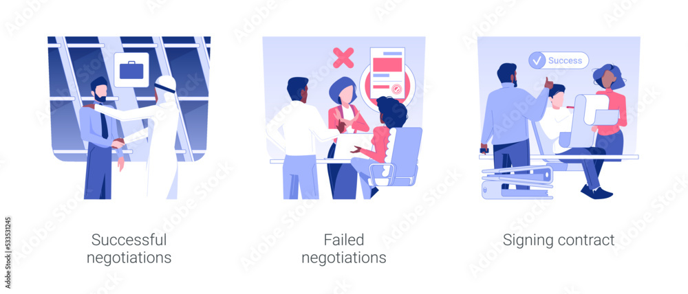 Fototapeta premium International negotiations isolated concept vector illustration set. Successful negotiations, not reaching agreement, failed deal, signing contract, business trip, partnership vector cartoon.