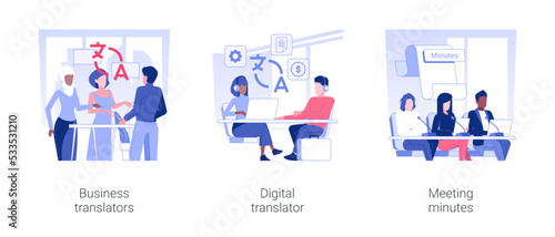 International business meeting isolated concept vector illustration set. Business people talking to translators, international negotiation, digital translator, meeting minutes vector cartoon.