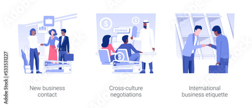 Business meeting at conference isolated concept vector illustration set. New business contact, cross-culture negotiations, international business etiquette, partnership idea vector cartoon.
