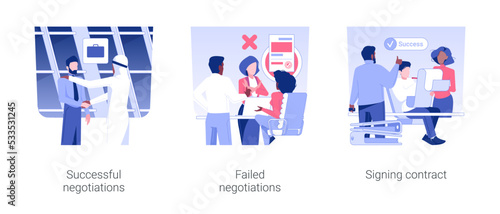 International negotiations isolated concept vector illustration set. Successful negotiations, not reaching agreement, failed deal, signing contract, business trip, partnership vector cartoon.