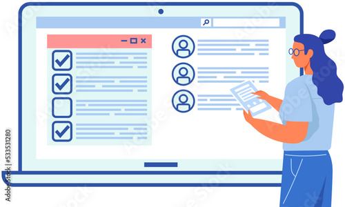 Happy woman stands at big complete checklist icon, worksheet with tick marks, to do list. Business organization and achievements of goals. Check list, questionnaire, management and tasks planning