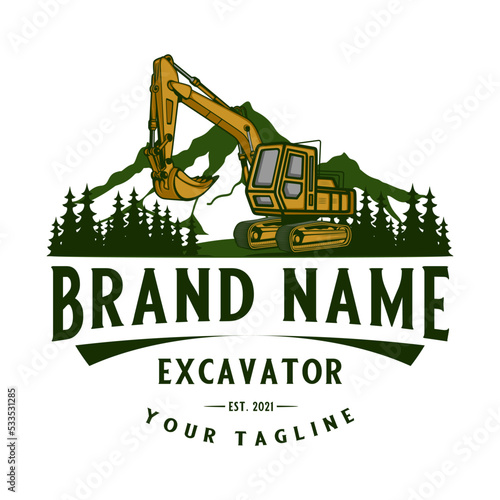 excavator vector logo design. mountain and forest excavator concept, for heavy equipment, construction, building and road construction companies.