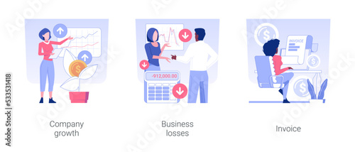 Business documents isolated concept vector illustration set. Company growth, business losses, fills out the invoice, professional accountant services, corporate paperwork vector cartoon.