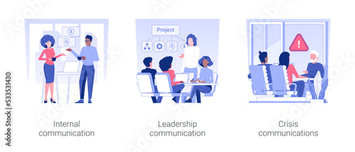 Business communication isolated concept vector illustration set. Internal communication, corporate leadership thinking, anticrisis strategy, business etiquette, company rules vector cartoon.