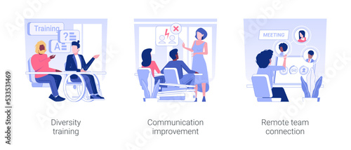 Corporate culture workshop isolated concept vector illustration set. Diversity training, communication improvement, remote team connection, create inclusive environment vector cartoon.