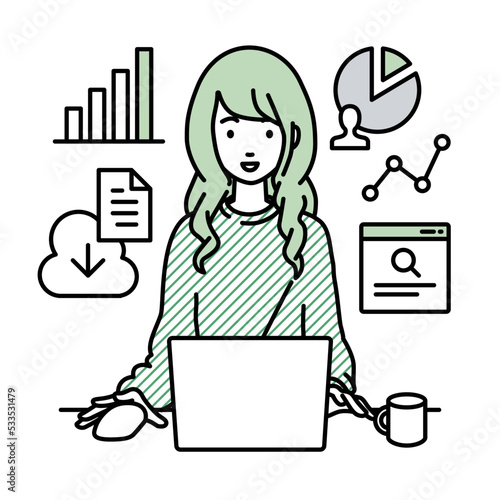 デスクでPCを前にリサーチ・データ分析・レポート作成をしているリモートワークの女性