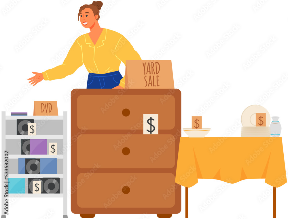 Woman selling goods at second hand shop or flea market. Garage and street sale, concept. Lady sells unnecessary things and items vector illustration. Yard sale with old vintage goods, crockery Woman selling goods at second hand shop or flea market. Garage and street sale, concept. Lady sells unnecessary things and items vector illustration. Yard sale with old vintage goods, crockery