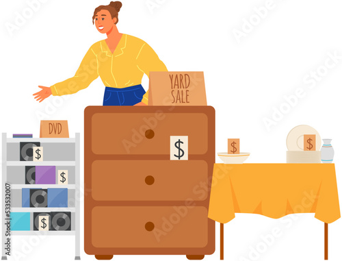 Woman selling goods at second hand shop or flea market. Garage and street sale, concept. Lady sells unnecessary things and items vector illustration. Yard sale with old vintage goods, crockery