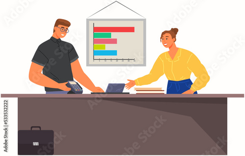 People with pos reader, Nfc contactless payment technology. Colleagues working with data analysis. Employee stands at checkout with pos terminal and analyze work. Development of payment technologies