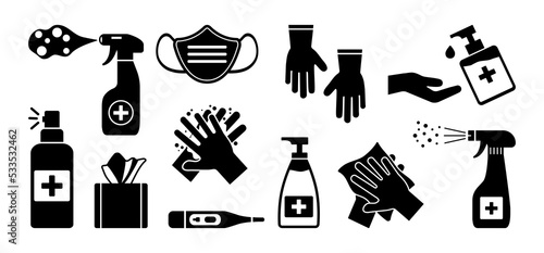 Hygiene vector icon, hand gel bottle, disinfection soap, clean and wash, antibacterial spray and mask, ppe sign. Black silhouettes isolated on white background. Medical illustration