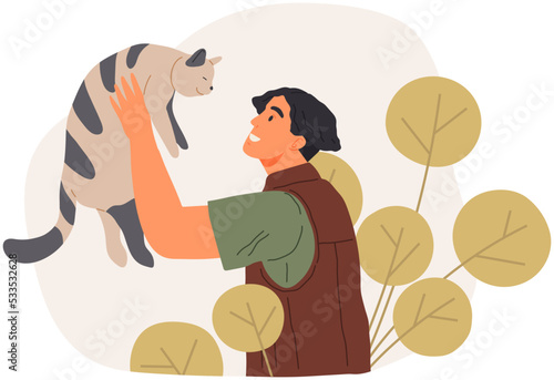 Male pet owner plays with little cat. Caring for animals, joint pastime with pets concept. Happy man holding cute kitty friend vector illustration. Kitten, domestic animal, human companion with guy
