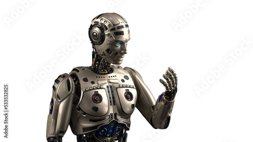 Detailed appearance of the champagne AI robot under white background. Concept 3D CG of automatic operation, optimization and block chain technology. PNG file format.