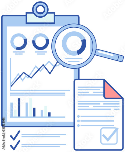 Financial accounting and work with statistics concept. Business process diagram in magnifier. Data analysis, audit, project management, marketing research concept. Analytics for graphs and charts