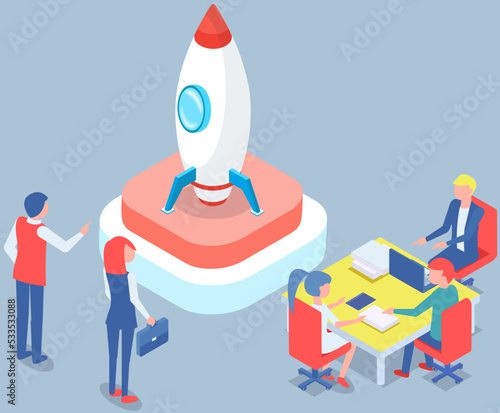 Teamwork with planning business, launching idea. People standing near rocket, startup symbol. Colleagues start project, work with technology, progress management, innovative business development