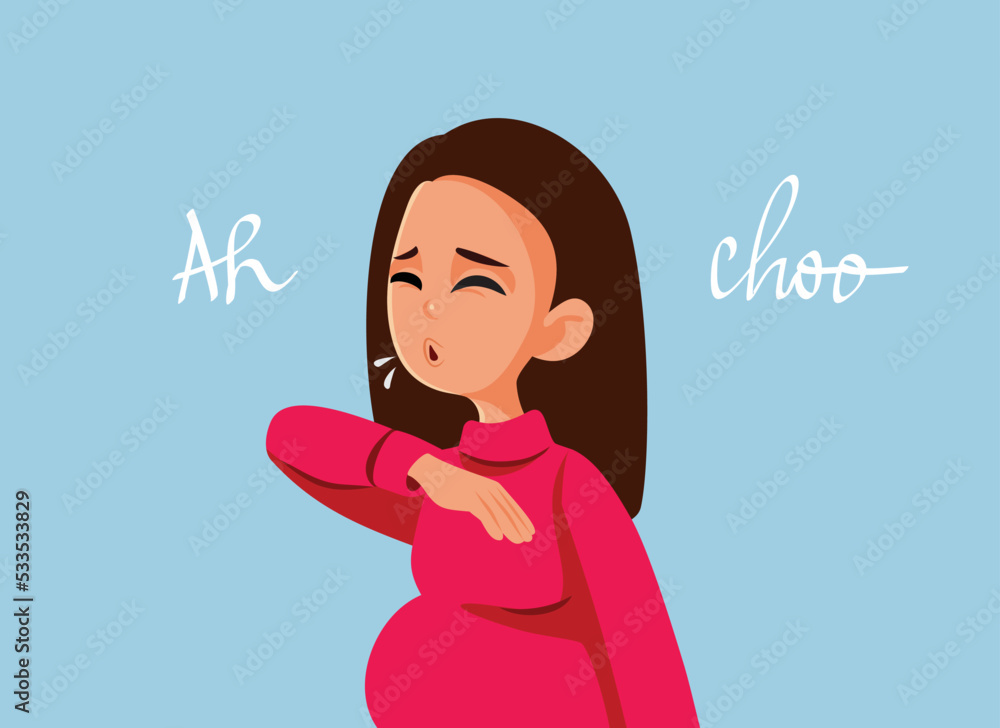 Pregnant Woman Sneezing Feeling Sick Vector Cartoon Illustration