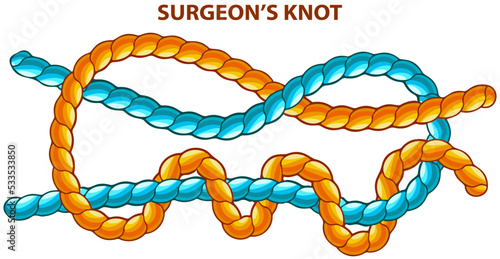 Surgeons knot isolated on white. Binding and fastening unit for permanent bracing. Modification of straight knot where first loop makes two turns. Node is tied under tension. Twisted brown tape
