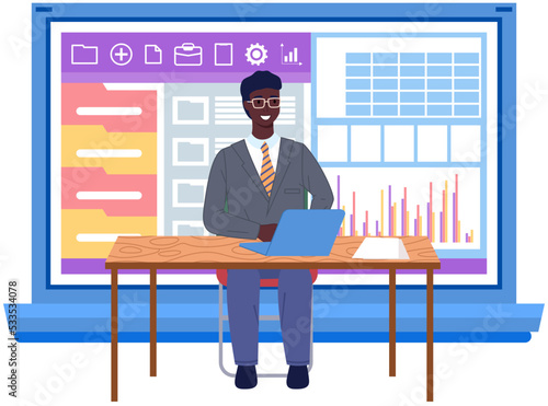 Analytics information and development statistics. Web analysis measure, product testing technology. Man analyses dashboard seo optimization, digital report. Statistical indicators and data on diagram