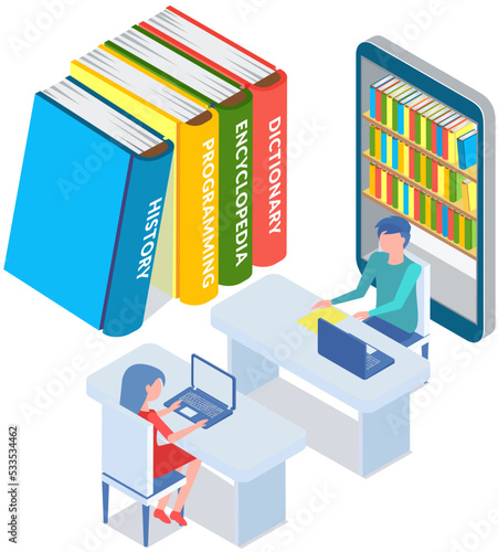 Man chooses book in digital online library or bookstore in smartphone app. Distance education with modern technology in phone. Guy looks at screen with virtual bookshelves and stacks of books