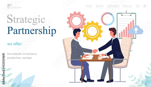 Strategic partnership website template vector illustration. Businessmen shaking hands after signing contract agreement. Business meeting of partners, cooperation. Male colleagues closing deal