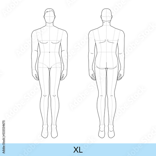 Set of XL Size Men Fashion template extra large 9 head with main line Croquis plus size model Curvy body figure front, back view. Vector sketch boy for Fashion Design, Illustration, technical drawing