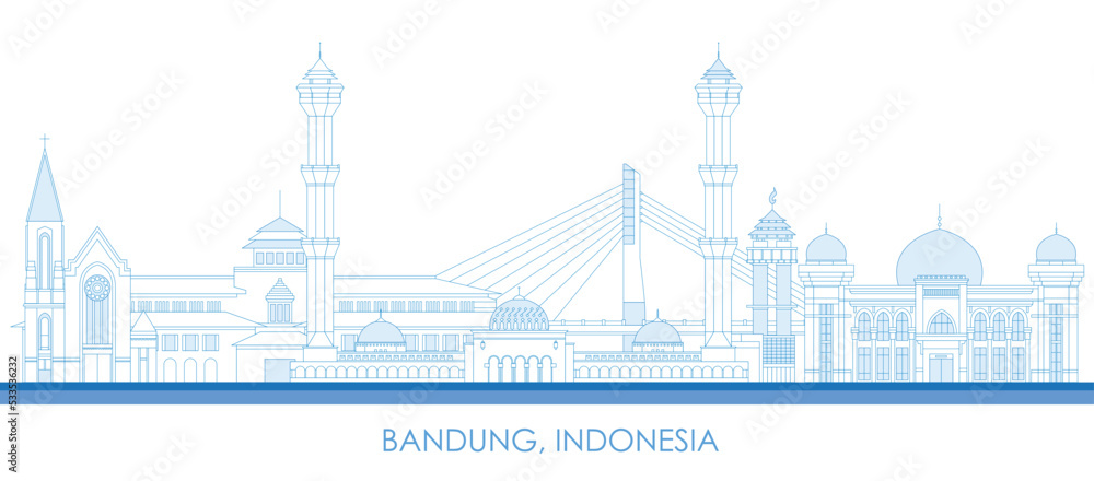 Outline Skyline panorama of city of Bandung, Indonesia - vector illustration