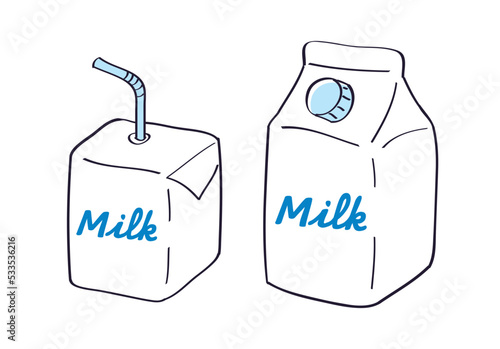 White milk carton and milk box with straw isolated cartoon vector illustration