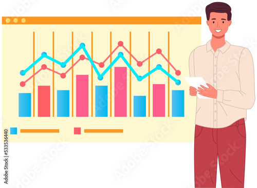 Analytics information and development statistics. Web analysis measure, product testing technology. Man analyses dashboard seo optimization, digital report. Statistical indicators and data on diagram