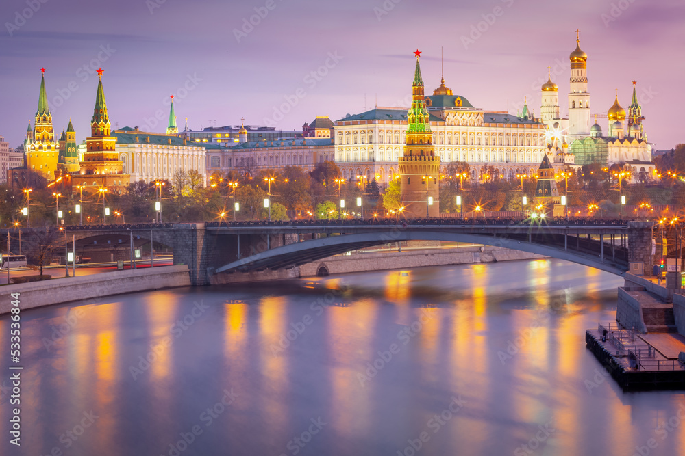 Kremlin and Moskva River reflection at dramatic dawn, red square, Moscow, Russia