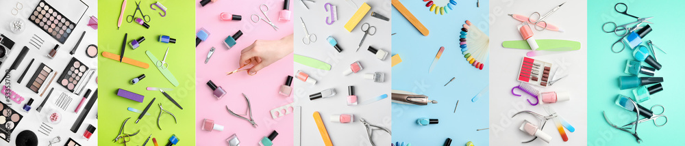 Group of supplies for manicure and pedicure on color background Group of supplies for manicure and pedicure on color background