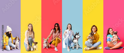 Set of people with cute dogs on colorful background