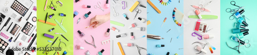 Group of supplies for manicure and pedicure on color background