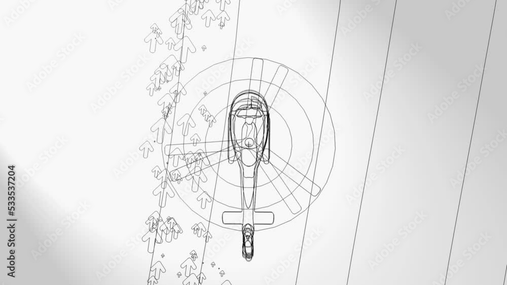 3d animation, an helicopter flying above a flow of arrows ( lines art ) 3d animation, an helicopter flying above a flow of arrows ( lines art )