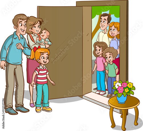 family welcoming guests at the door