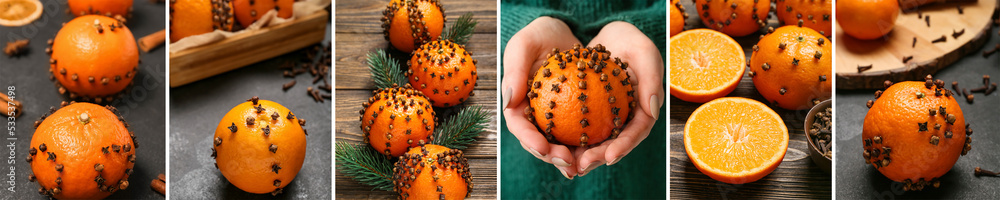 Collage with many aromatic pomander balls for Christmas Collage with many aromatic pomander balls for Christmas