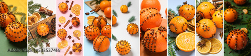 Collage with many aromatic pomander balls for Christmas photo