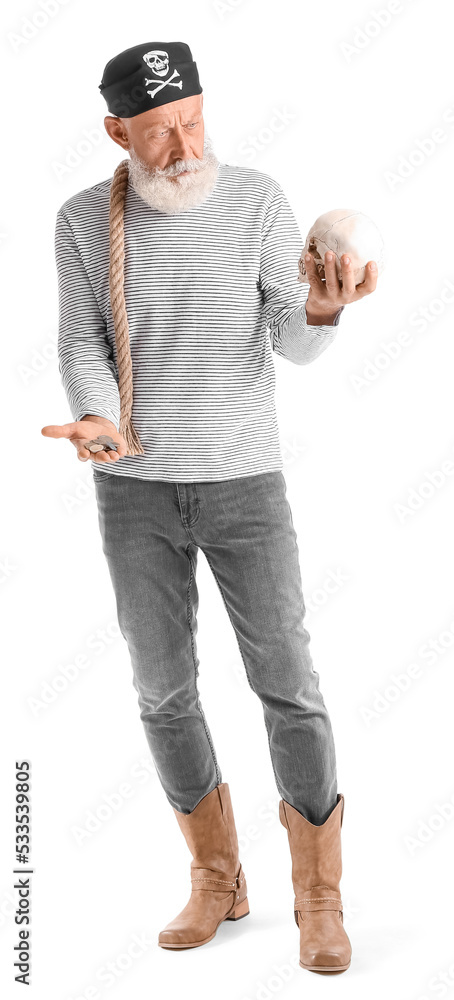 Mature bearded man dressed as pirate with coins, human skull an rope on white background Mature bearded man dressed as pirate with coins, human skull an rope on white background