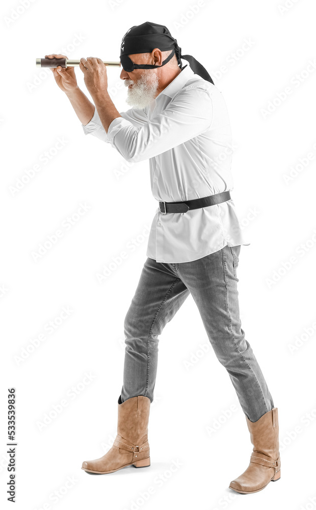 Mature bearded man dressed as pirate with spyglass on white background Mature bearded man dressed as pirate with spyglass on white background