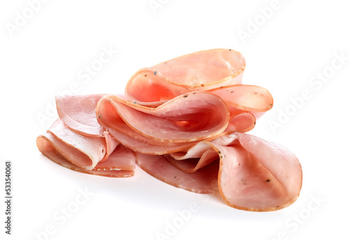 Heap of sliced ham on white background