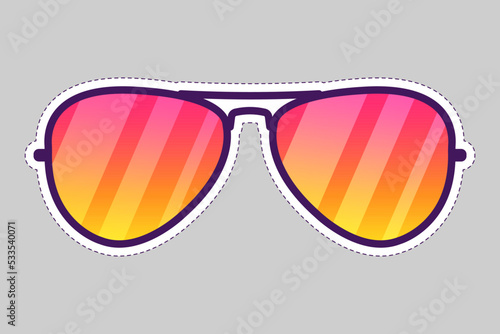 Isolated sunglasses sticker. Vector retro futuristic glasses. Summer beach accessory. Trendy vibrant retrowave eyeglasses design. Colorful fashion illustration