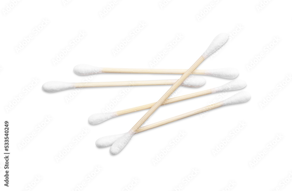 Wooden cotton buds on white background, top view Wooden cotton buds on white background, top view