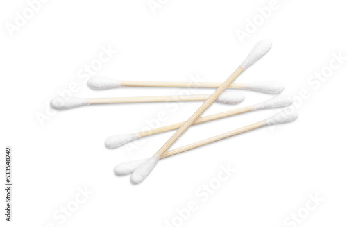 Wooden cotton buds on white background, top view