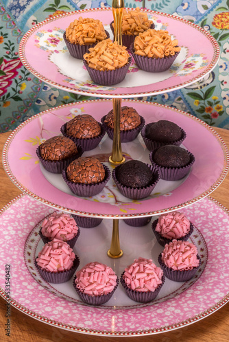 Brigadeiro. Typical Brazilian sweet. Many types of brigadiers together. photo