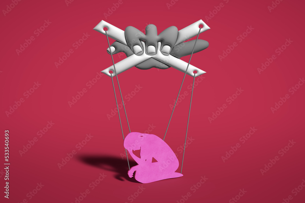 Gaslighting, Woman controlled by puppet strings held by a hand, abuse