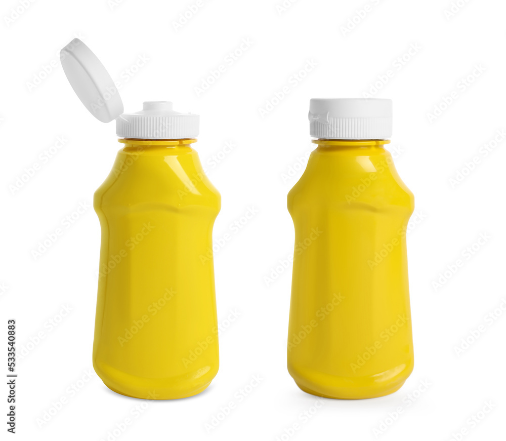 Spicy mustard in plastic bottles on white background, collage Spicy mustard in plastic bottles on white background, collage
