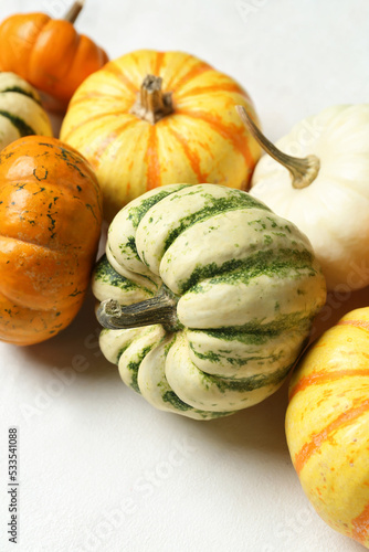 Different Halloween pumpkins on white background, closeup