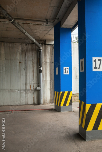 Parking under the building.