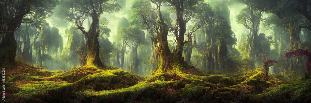 Naklejka premium beautiful forest with giant trees, fantasy landscape background banner