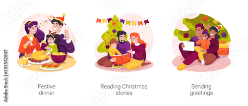 Christmas family traditions isolated cartoon vector illustration set